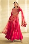 Shop_Aariyana Couture_Pink Anarkali And Churidar Cotton Silk Dupatta Butterfly Net Hand Set _Online_at_Aza_Fashions