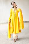 Buy_Aariyana Couture_Yellow Cotton, Silk, Organza, Bamboo Tassels, Cut Work, Flared Kurta Set_at_Aza_Fashions