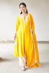Buy_Aariyana Couture_Yellow Cotton, Silk, Organza, Bamboo Tassels, Cut Work, Flared Kurta Set_Online_at_Aza_Fashions