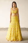 Aariyana Couture_Yellow Butterfly Net Embroidery Square Neck Bridal Lehenga Set _at_Aza_Fashions