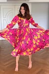 Shop_Ekastories_Pink Cotton V-neck Floral Print Midi Dress _Online_at_Aza_Fashions