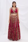 Shop_Surily G_Maroon Munga Silk Embroidery V Neck Crop Top  _Online_at_Aza_Fashions