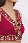 Surily G_Maroon Munga Silk Embroidery V Neck Crop Top  _at_Aza_Fashions