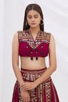 Buy_Surily G_Maroon Munga Silk Embroidery V Neck Crop Top  _at_Aza_Fashions
