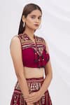 Shop_Surily G_Maroon Munga Silk Embroidery V Neck Crop Top  _Online_at_Aza_Fashions