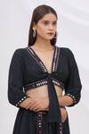 Shop_Surily G_Black Munga Silk Embroidery V Neck Tie-up Crop Top  _Online_at_Aza_Fashions