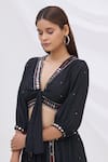 Buy_Surily G_Black Munga Silk Embroidery V Neck Tie-up Crop Top  _at_Aza_Fashions