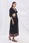 Surily G_Black Munga Silk Embroidery V Neck Tie-up Crop Top  _Online_at_Aza_Fashions