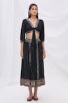 Buy_Surily G_Black Munga Silk Embroidery V Neck Tie-up Crop Top  _Online_at_Aza_Fashions