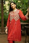 Shop_Jyoti Bansal_Red Kurta Lurex Woven Georgette Embellished And Embroidered Jacket & Pant Set _at_Aza_Fashions