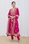 Buy_Gopi Vaid_Pink Anarkali Jacket Brocade And Tussar V Neck Set _at_Aza_Fashions