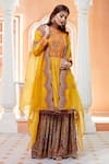Buy_Debyani + Co_Yellow Chanderi Silk Organza Cape And Mughal Print Sharara Set_at_Aza_Fashions