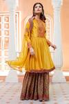Buy_Debyani + Co_Yellow Chanderi Silk Organza Cape And Mughal Print Sharara Set_Online_at_Aza_Fashions