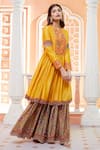 Shop_Debyani + Co_Yellow Chanderi Silk Organza Cape And Mughal Print Sharara Set_Online_at_Aza_Fashions