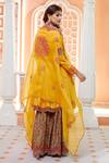Debyani + Co_Yellow Chanderi Silk Organza Cape And Mughal Print Sharara Set_at_Aza_Fashions