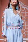 Aariyana Couture_Blue Chinnon Embellished Tassels Collared Neck Kaftan With Belt _at_Aza_Fashions