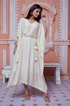 Shop_Aariyana Couture_Beige Cotton Silk And Mulmul Embellished Cutdana V Neck Sequins Kaftan _Online_at_Aza_Fashions