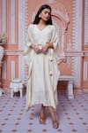 Aariyana Couture_Beige Cotton Silk And Mulmul Embellished Cutdana V Neck Sequins Kaftan _Online_at_Aza_Fashions