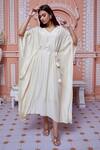 Buy_Aariyana Couture_Beige Cotton Silk And Mulmul Embellished Cutdana V Neck Sequins Kaftan _at_Aza_Fashions