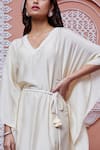 Aariyana Couture_Beige Cotton Silk And Mulmul Embellished Cutdana V Neck Sequins Kaftan _at_Aza_Fashions