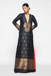 Payal Khandwala_Black Silk Handwoven Plunge V Neck Slit Maxi Dress  _Online_at_Aza_Fashions