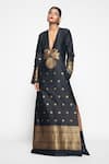 Buy_Payal Khandwala_Black Silk Handwoven Plunge V Neck Slit Maxi Dress  _Online_at_Aza_Fashions