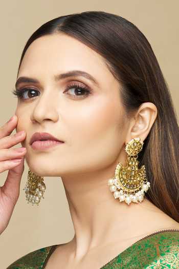 Just Shradhas_Gold Plated Floral Kundan Chandbalis With Pearl Drops _Online_at_Aza_Fashions