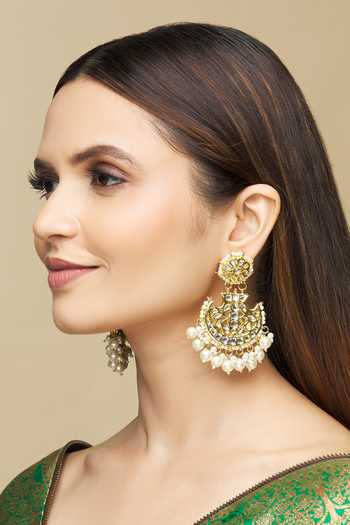 Buy_Just Shradhas_Gold Plated Floral Kundan Chandbalis With Pearl Drops _Online_at_Aza_Fashions