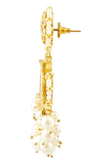 Just Shradhas_Gold Plated Floral Kundan Chandbalis With Pearl Drops _at_Aza_Fashions