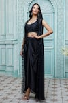 Shop_Aariyana Couture_Black Jacket Viscose Georgette Embroidered Floral Striped And Draped Skirt Set _at_Aza_Fashions