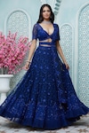 Aariyana Couture_Blue Butterfly Net Embroidered Floral Plunge V Neck Bridal Lehenga Set _at_Aza_Fashions