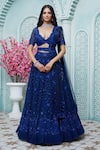 Buy_Aariyana Couture_Blue Butterfly Net Embroidered Floral Plunge V Neck Bridal Lehenga Set _Online_at_Aza_Fashions