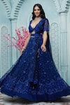 Shop_Aariyana Couture_Blue Butterfly Net Embroidered Floral Plunge V Neck Bridal Lehenga Set _Online_at_Aza_Fashions
