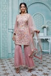 Buy_Aariyana Couture_Peach Butterfly Net Embroidered Floral Notched Kurta Sharara Set  _at_Aza_Fashions