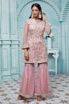 Aariyana Couture_Peach Butterfly Net Embroidered Floral Notched Kurta Sharara Set  _at_Aza_Fashions