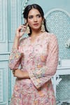 Shop_Aariyana Couture_Peach Butterfly Net Embroidered Floral Notched Kurta Sharara Set  _at_Aza_Fashions