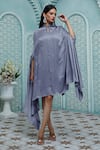 Buy_Aariyana Couture_Grey Kaftan Modal Satin Embroidered Bead Mandarin Collar Mirror Work Asymmetric _Online_at_Aza_Fashions