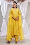 Buy_Made in Pinkcity_Yellow Chanderi Embroidered Floral Motifs Round Kurta Set _at_Aza_Fashions