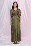 Buy_PUNIT BALANA_Green Silk Satin Embroidered Thread Work V Neck Printed Maxi Kaftan Dress _Online_at_Aza_Fashions