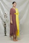 Megha Garg_Yellow Crepe Sequins V Neck Colourblock Draped Dress _Online_at_Aza_Fashions