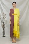 Shop_Megha Garg_Yellow Crepe Sequins V Neck Colourblock Draped Dress _Online_at_Aza_Fashions