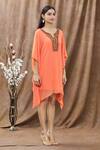 Arpan Vohra_Orange Georgette Mirror And Thread, Bugle Beads Notched Asymmetric Kaftan_Online_at_Aza_Fashions