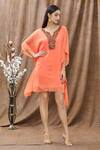 Buy_Arpan Vohra_Orange Georgette Mirror And Thread, Bugle Beads Notched Asymmetric Kaftan_Online_at_Aza_Fashions