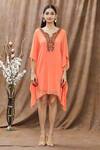 Shop_Arpan Vohra_Orange Georgette Mirror And Thread, Bugle Beads Notched Asymmetric Kaftan_Online_at_Aza_Fashions