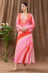 Buy_Archana Shah_Pink Bamberg Silk Sequins, Thread Work, Tropical Wave Print V Neck Maxi Dress _at_Aza_Fashions
