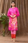 Archana Shah_Pink Bamberg Silk Bead Work, Sequins, Tropical Print Tie-up Kurta And Pant Set_Online_at_Aza_Fashions