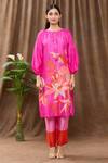 Buy_Archana Shah_Pink Bamberg Silk Bead Work, Sequins, Tropical Print Tie-up Kurta And Pant Set_Online_at_Aza_Fashions