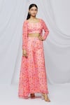 Buy_Neha Khullar_Peach Georgette Printed Floral Cape Open Jacket And Pant Set _at_Aza_Fashions