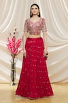 Buy_Surbhi Shah_Maroon Pure Cora Silk Embroidery Floral Leaf Neck Crushed Lehenga Set _Online_at_Aza_Fashions
