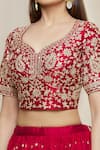 Surbhi Shah_Maroon Pure Cora Silk Embroidery Floral Leaf Neck Crushed Lehenga Set _at_Aza_Fashions